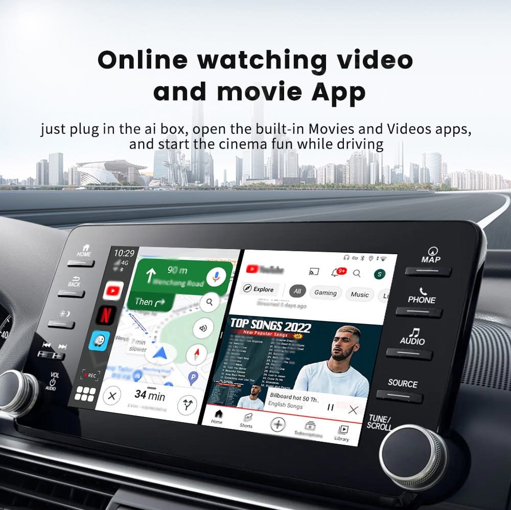 Smart AI Box showcasing dual-screen setup with Google Maps and video streaming