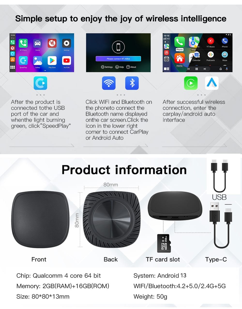 Smart AI Box Android 13 device with 8+128G memory shown with packaging and accessories