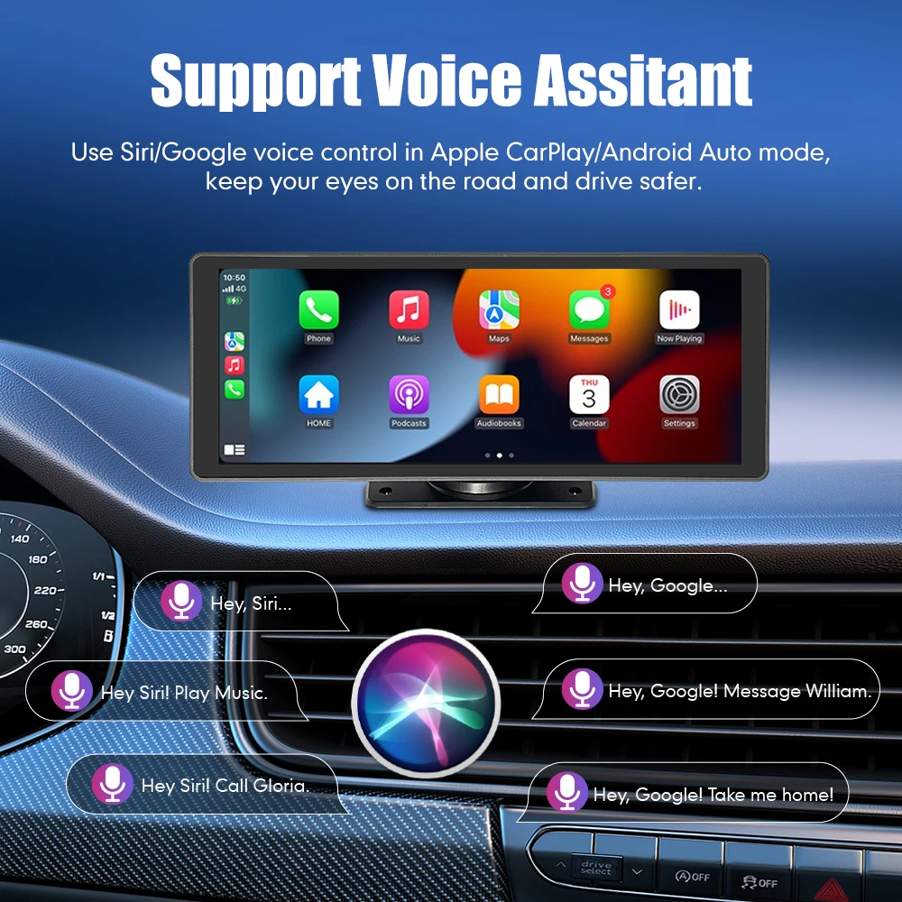 10.26 Inch Wireless CarPlay Monitor IPS Screen Android Auto Touch Screen WIFI FM BT 5.0 Rearview Dash Cam Multimedia Player AUX