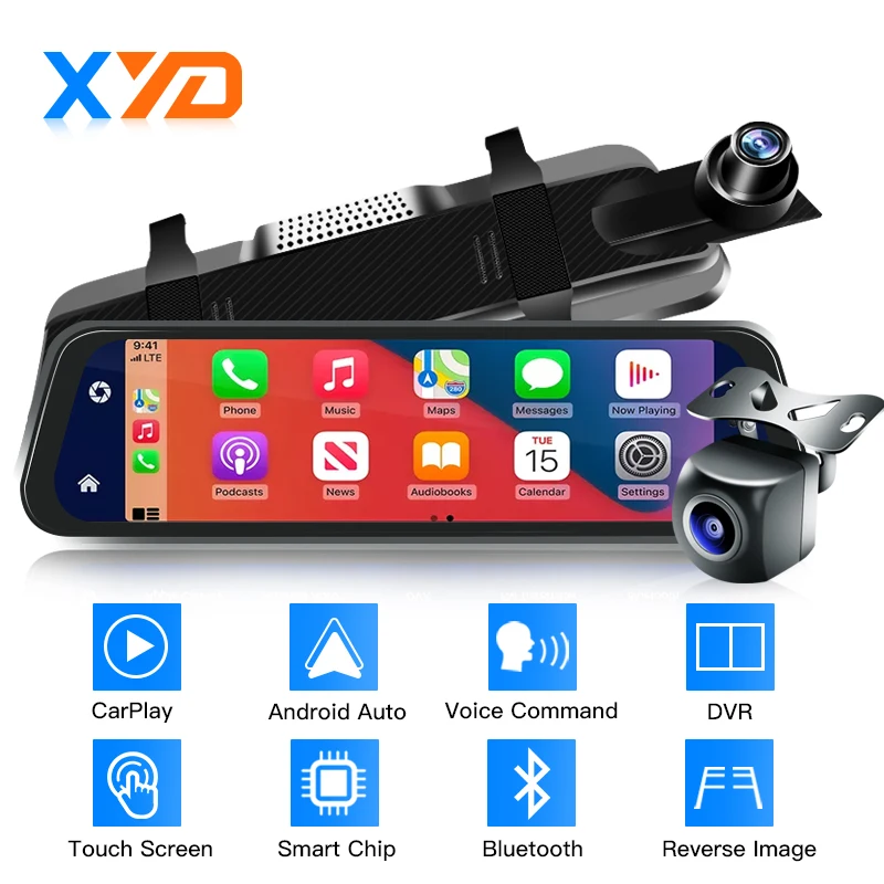 10 Inches Car DVR WIFI Wireless Carplay Android Auto Dual Lens Full Touch Screen Video Recorder Car Rearview Mirror Dashcam