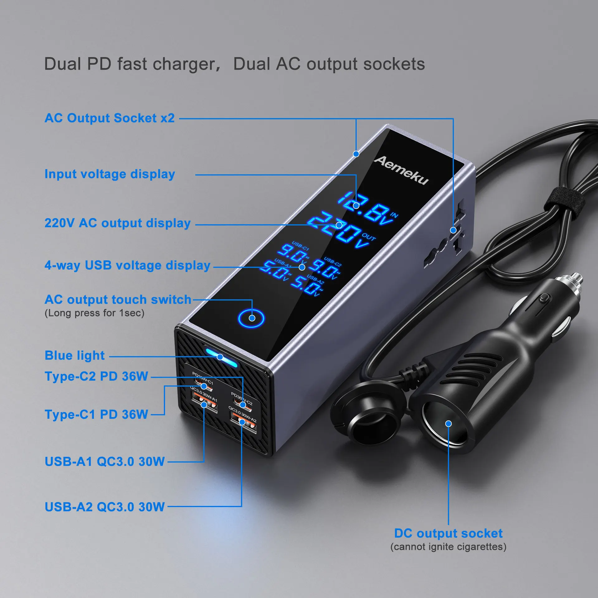 Factory Wholesale 200W/300W Power Inverter DC 12V/24V to AC 220V Car Cigarette Lighter Inverters PD Function Display for Tesla