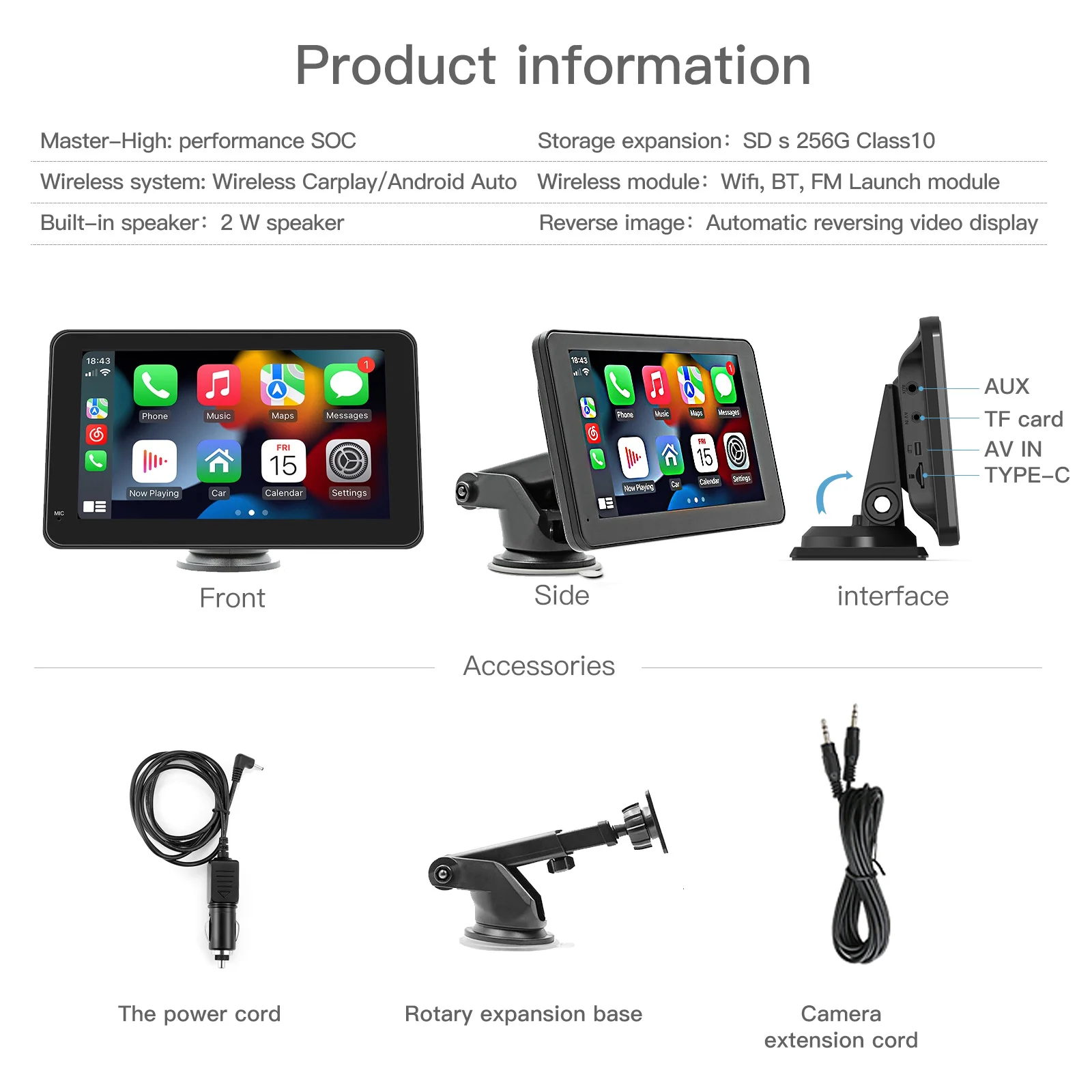 CARABC Wireless Carplay Universal 7 Inch Carplay Screen Portable Display Car Radio Player Smart Screen Carplay