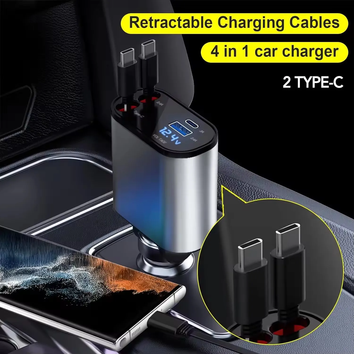 2025 New Factory Offer 4 in 1 120w Retractable Car Charger Adapter with Cable for ipad  Mobile