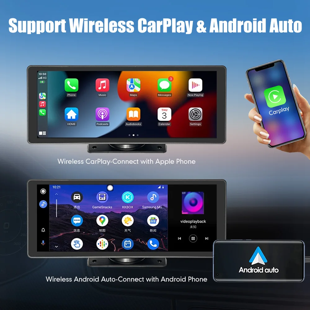 10.26 Inch Wireless CarPlay Monitor IPS Screen Android Auto Touch Screen WIFI FM BT 5.0 Rearview Dash Cam Multimedia Player AUX