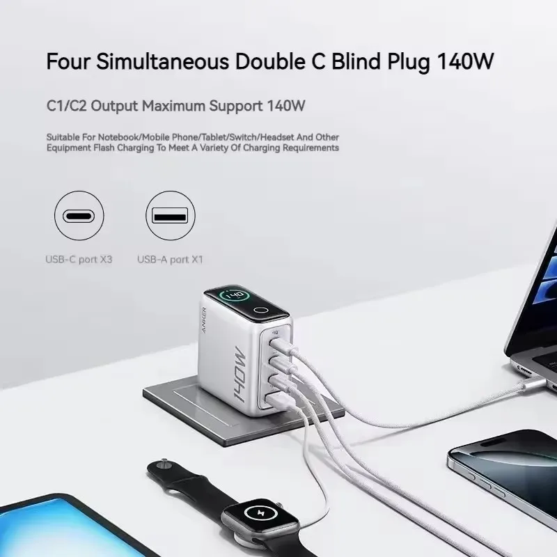 Anker Zolo 140W 4 Port Multi-device Fast Charging Advanced Gan Power Adapter for Macbook
