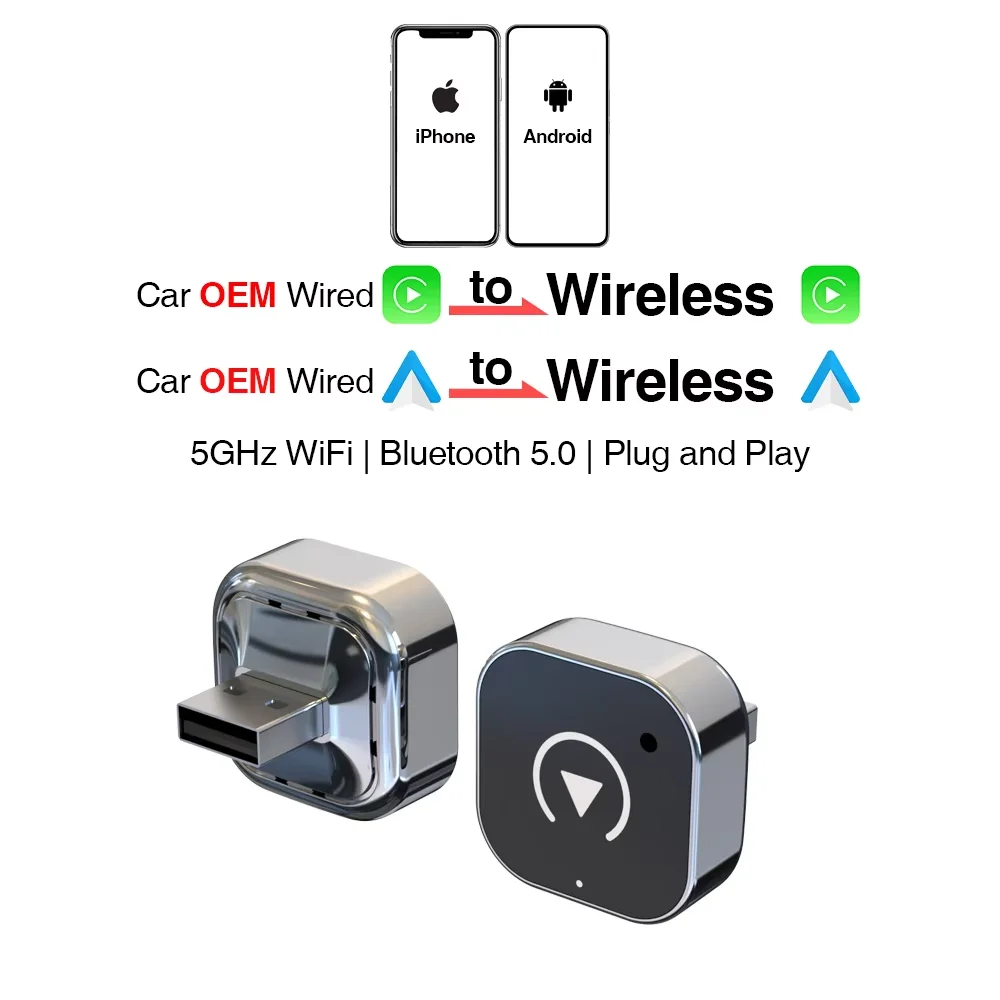 2 IN 1 Wireless Carplay Adapter, Converts Wired to Wireless carplay Adapter for iPhone, Wireless Control Plug & Play Carplay
